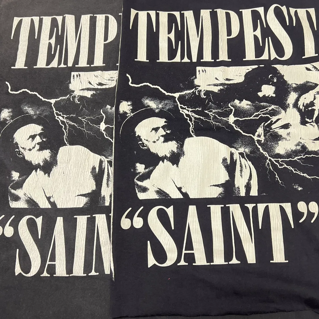Top printing technology Purchasing agent level SAINT Mxxxxxx LS TEE/TEMPEST/BLK 'TEMPEST SAINT' Storm Religious Saint Crack Retro Vulcanization Rewashed Water Long Sleeves Washed Black S-XL Assute Dyeing Multi-digit horse fading process Hand polished hanging holes Full of old feel
